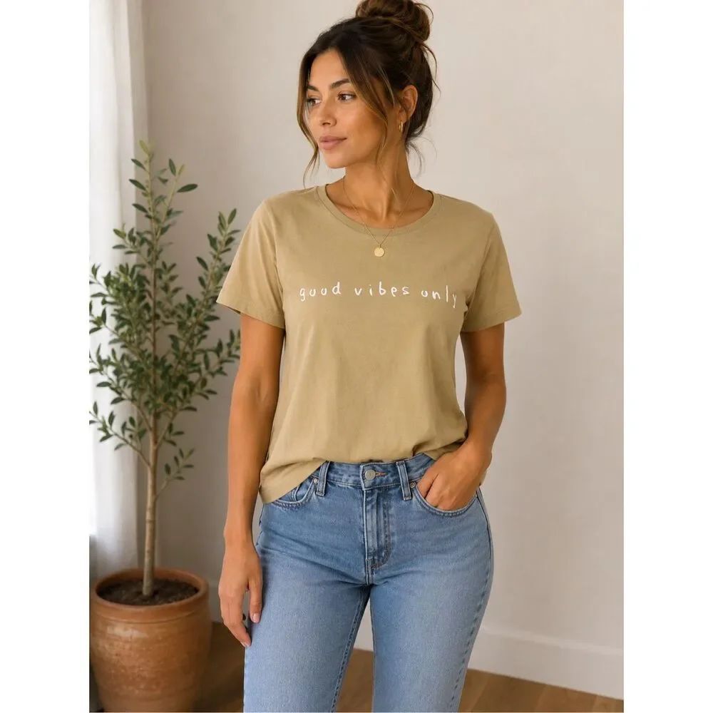 Oficina 16 Good Vibes Only Graphic T Shirt Beige Cotton Crew Neck Size GG XL